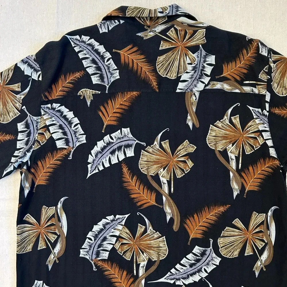 Vtg Paradise Coves Mens Blk Printed 100% Silk Button-Down Hawaiian Shirt Size XL